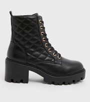 New Look Black Quilted Block Heel Chunky Lace Up Boots